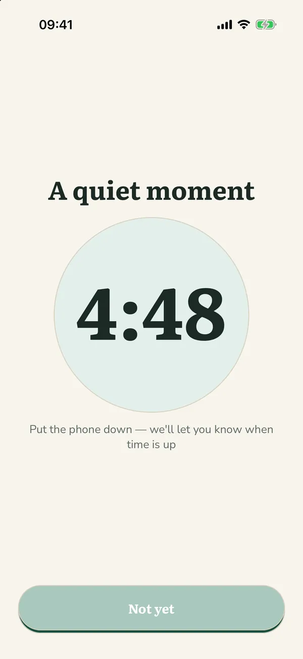 The quiet moment: a timer counting down, and a line asking you to put the phone down until the time is up.