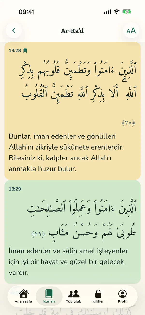 Ra'd suresinden iki ayet vurgulanmış: ilki altın renginde ve yer imli, ikincisi yeşil.