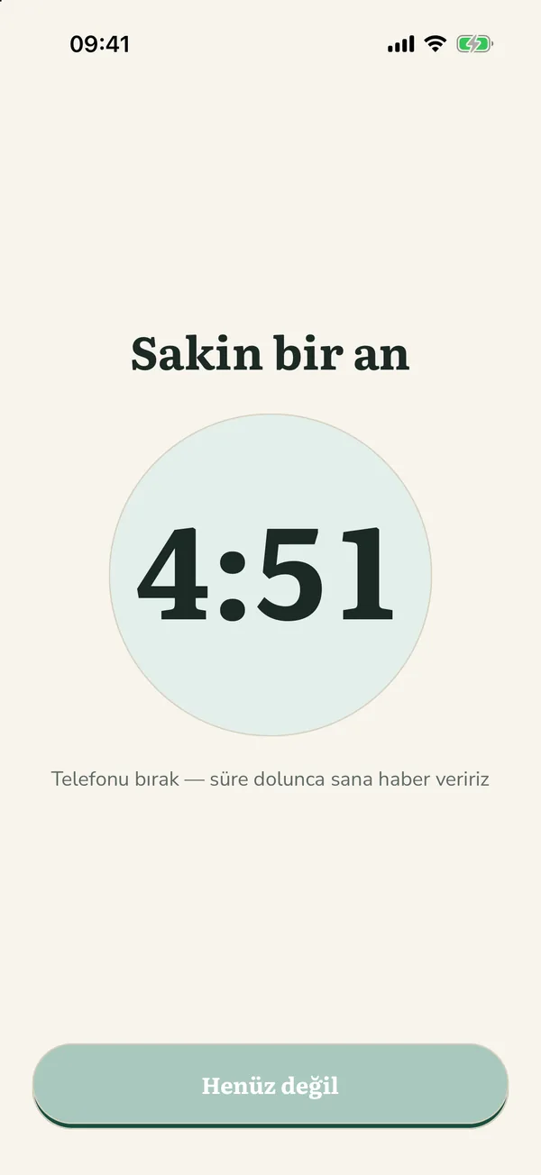 Sakin an: geri sayan bir sayaç ve süre dolana kadar telefonu bırakmanı isteyen bir satır.