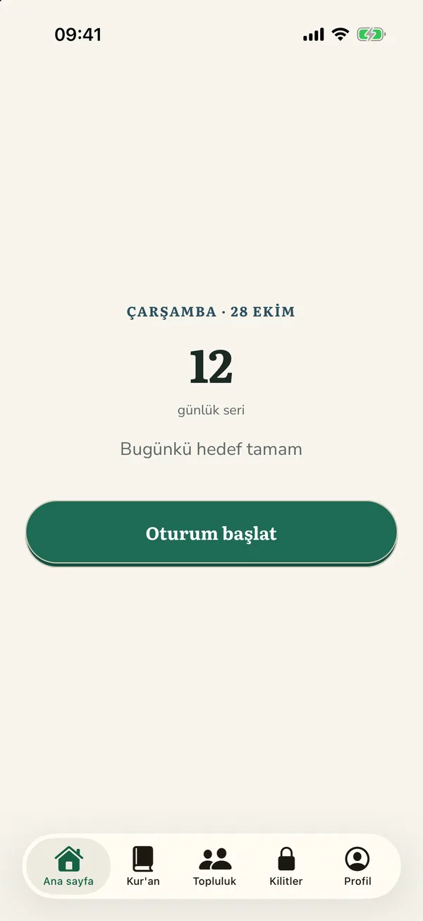 Bugün ekranı: on iki günlük seri, bugünkü hedef tamam ve oturum başlatma düğmesi.